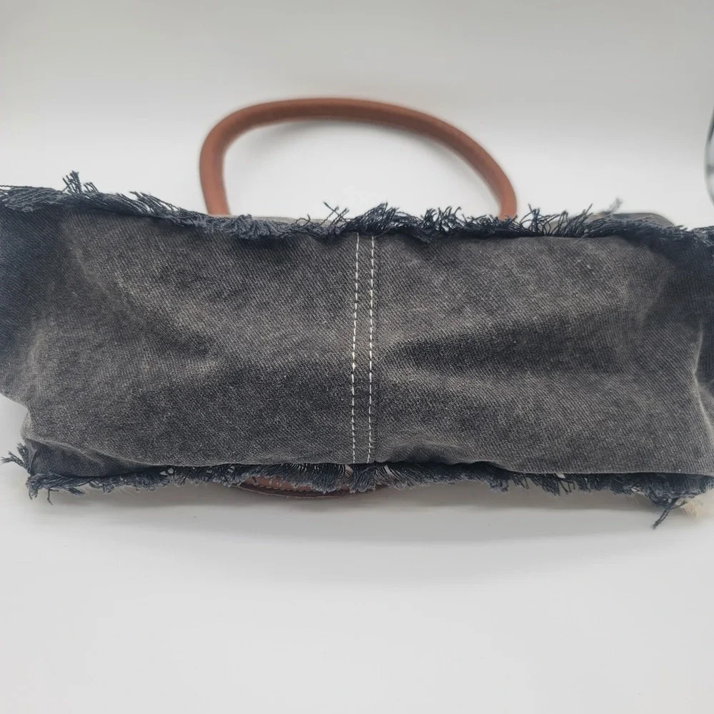 Myra Bag Cowhide Tote Purse Black Canvas Leather Western Boho Cowgirl Concho